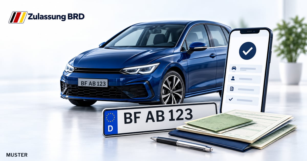Online Fahrzeugzulassung in Altenberge: Musterkennzeichen BF AB 123, Auto und Fahrzeugpapiere und Smartphone. Illustration mit Logo von Zulassung BRD.